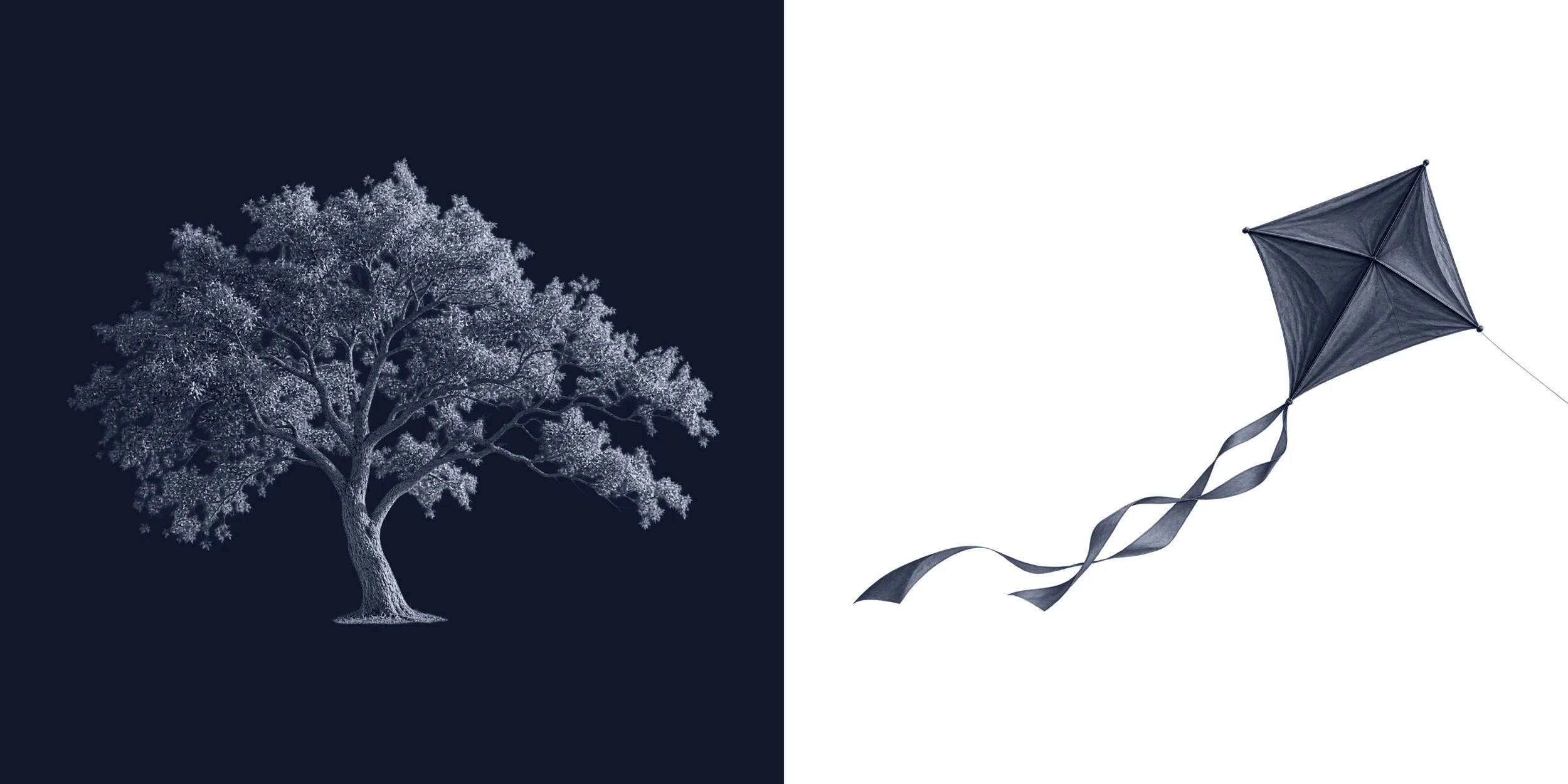 Flying Kites logo inspiration showing a detailed white tree on a navy background alongside a dark blue kite with flowing ribbon tails.