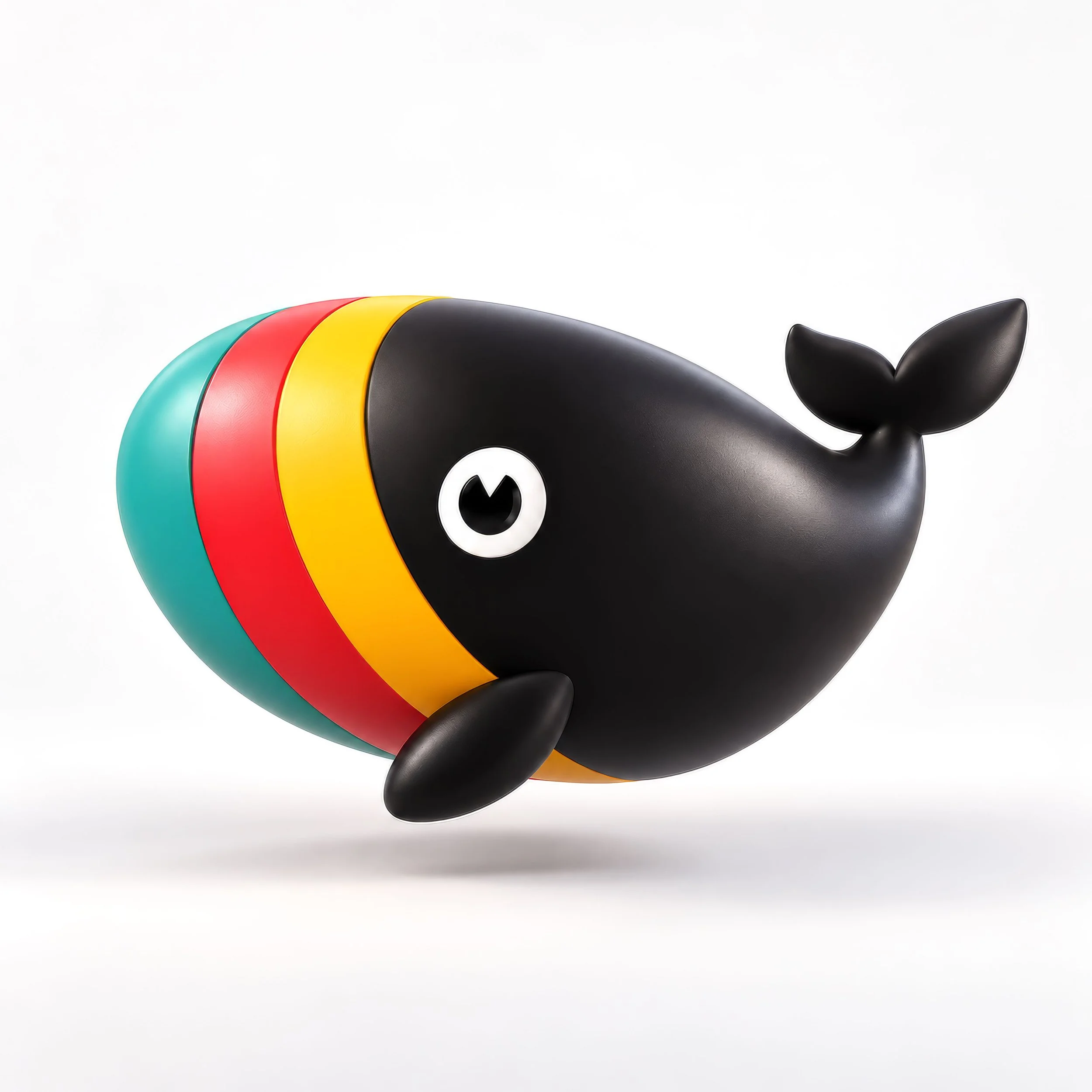 3D interpretation of the Bigcolors whale logo, featuring a rounded black body, colorful stripes, and playful character details.