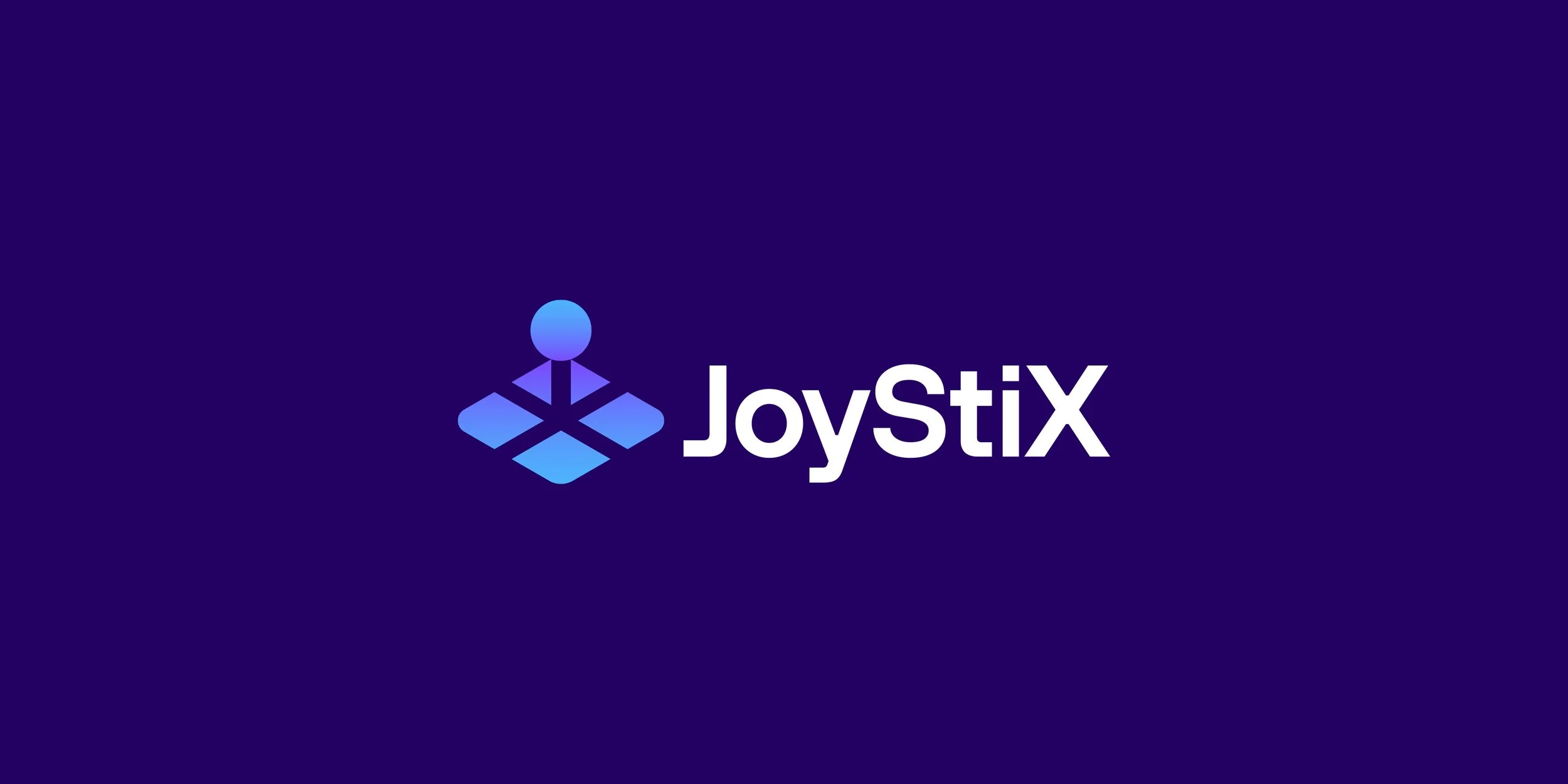Blue and purple JoyStiX symbol with a white wordmark on a dark purple background