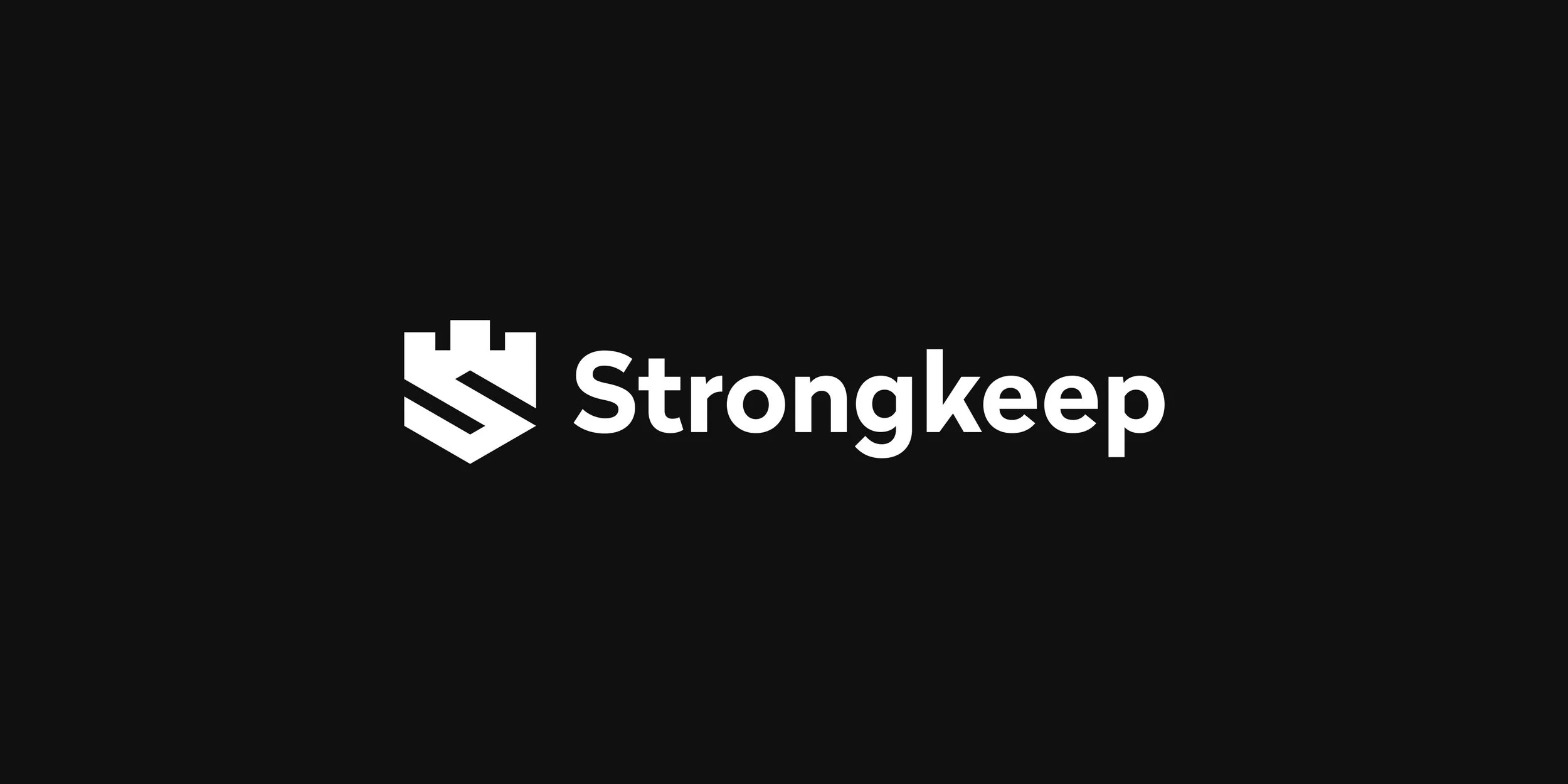 White Strongkeep logo and wordmark on a black background