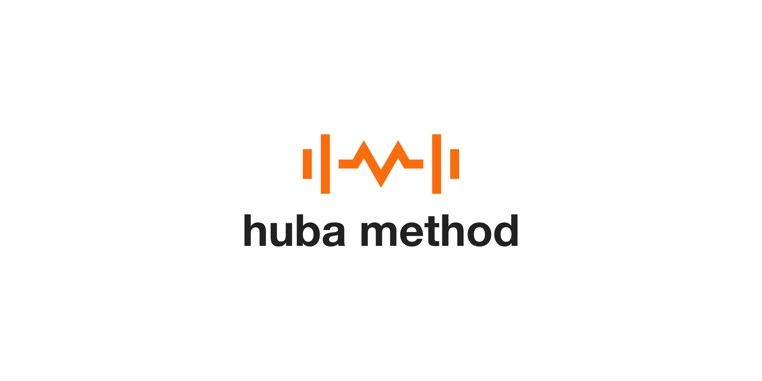 Huba Method logo design featuring an orange barbell and ECG-inspired HM monogram above a black wordmark.