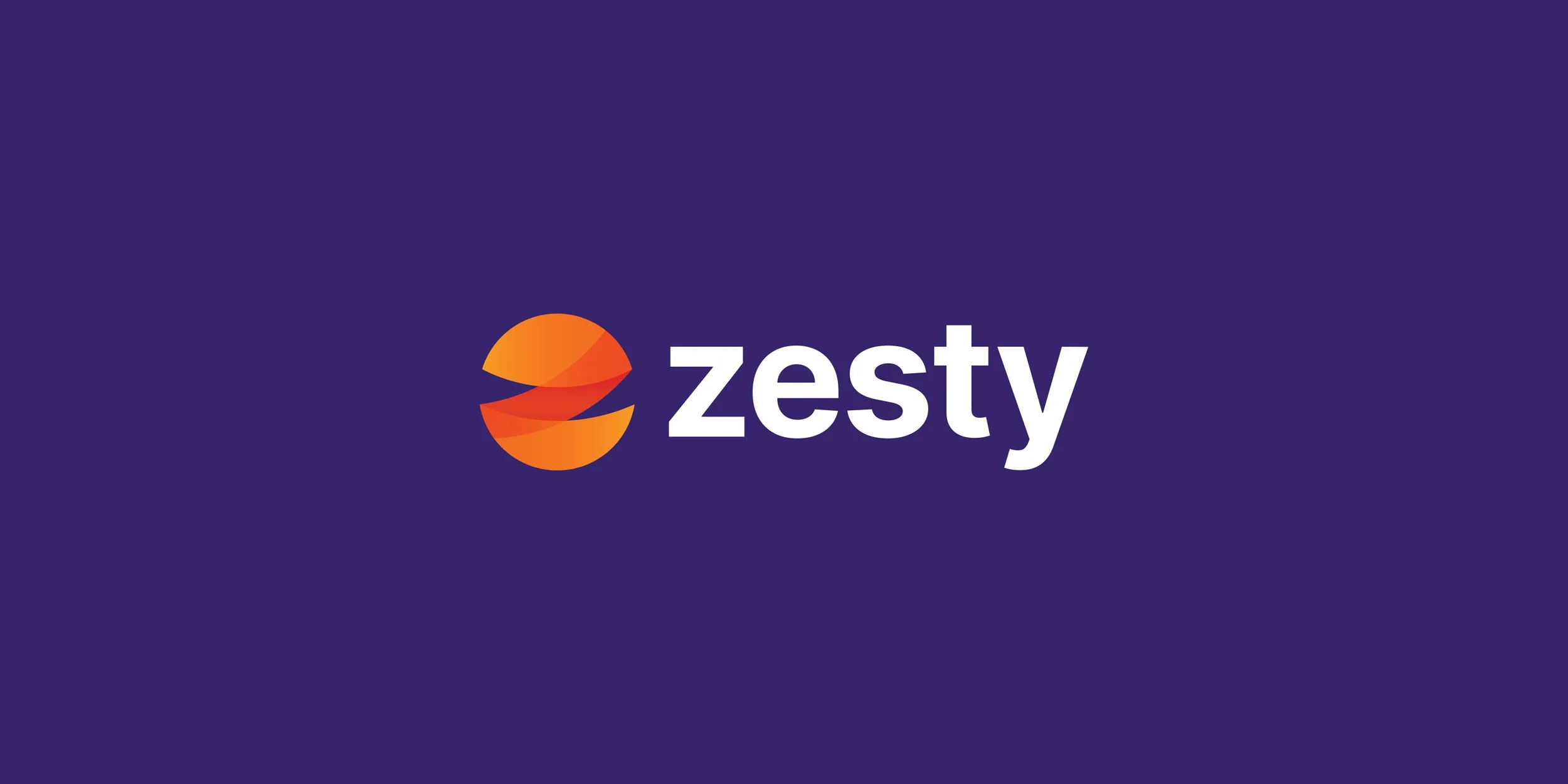 Zesty logo and wordmark in orange and white on a purple background