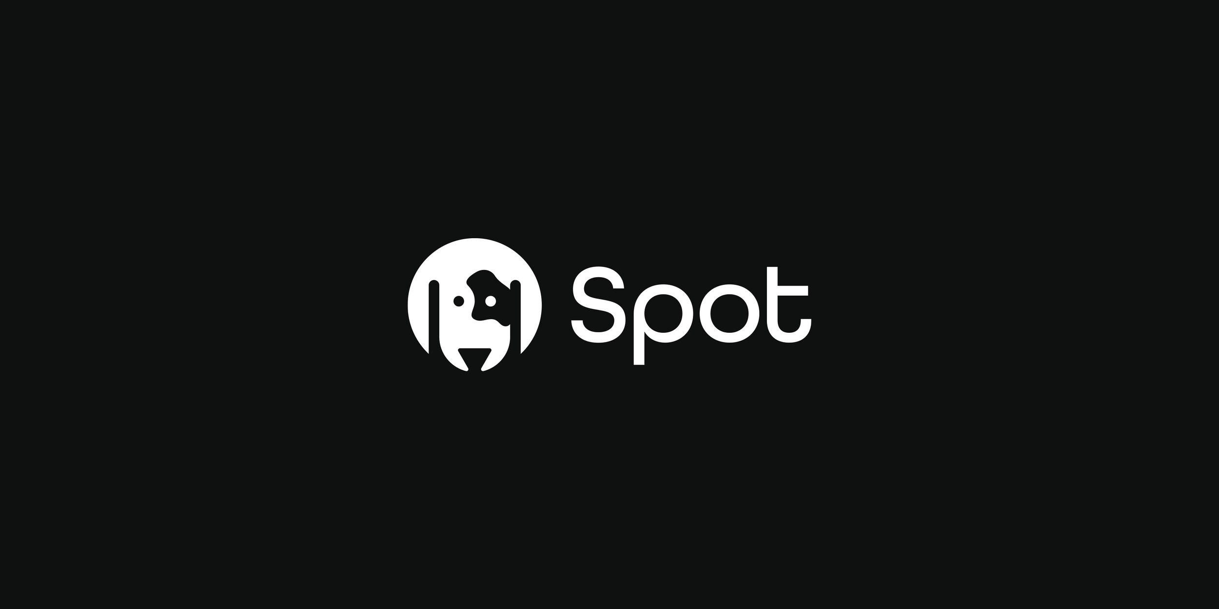 Spot logo design featuring a minimalist Dalmatian dog symbol and modern white wordmark on a dark background.