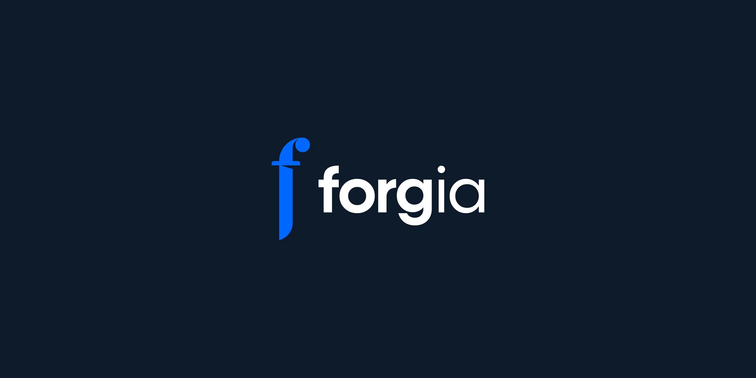 Forgia logo design featuring a blue sword-shaped letter F and white wordmark on a dark navy background.