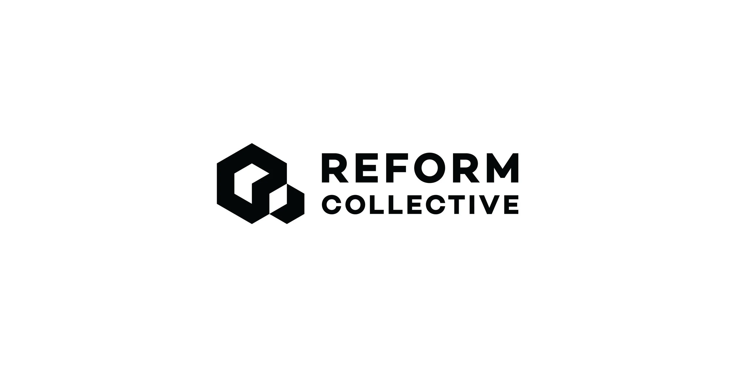 Reform Collective logo design featuring interlocking hexagonal forms and bold black typography on a white background.
