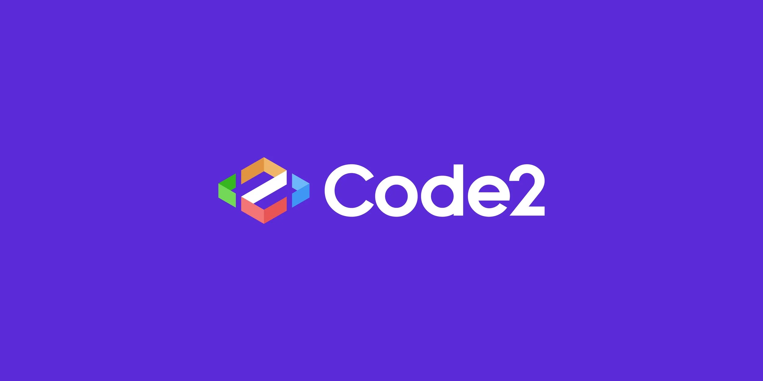 Code2 logo featuring a colorful cubic symbol and white wordmark on a purple background