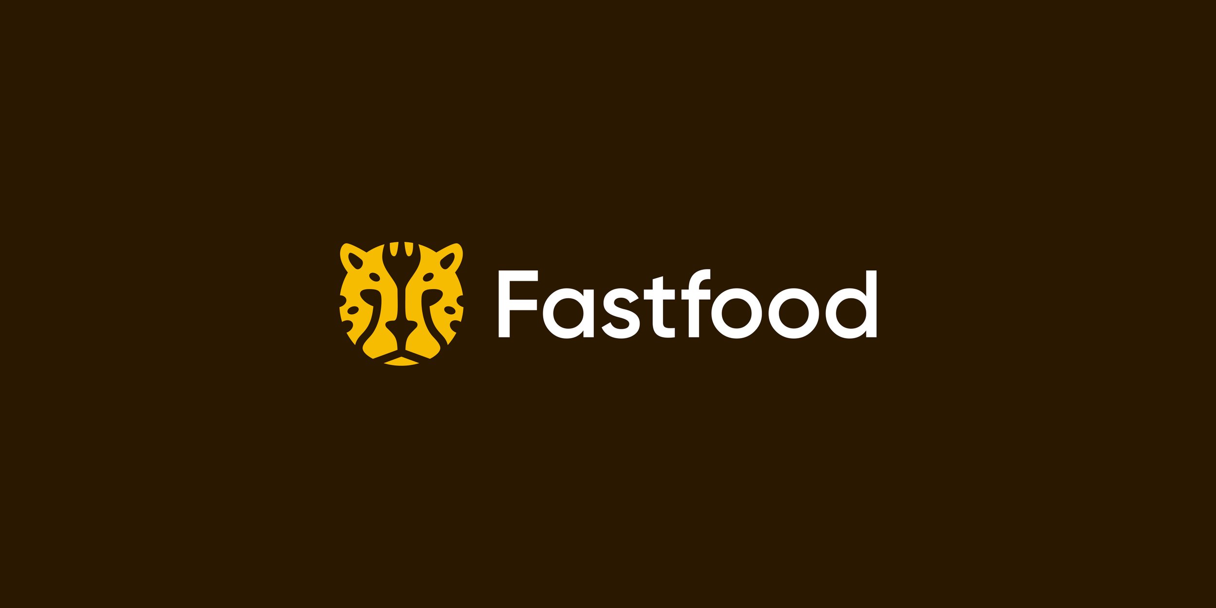 Fastfood logo design featuring a cheetah face and a fork formed through negative space on a dark brown background.