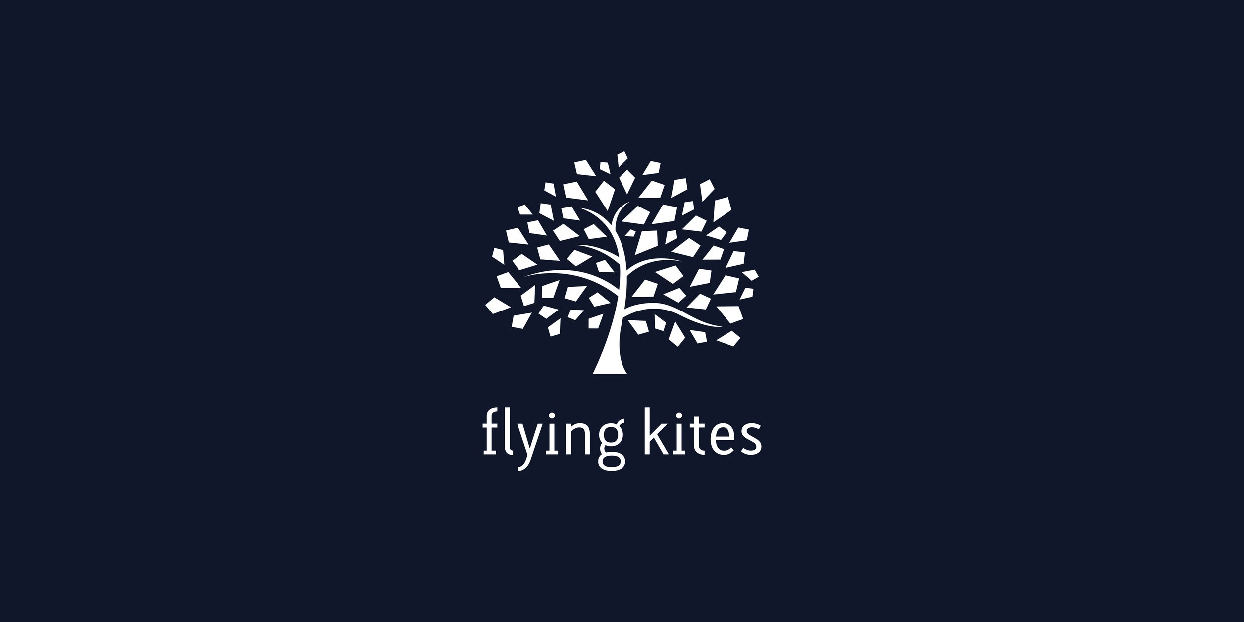 Flying Kites logo design featuring a white tree with geometric kite-shaped leaves and a lowercase wordmark on a dark navy background.