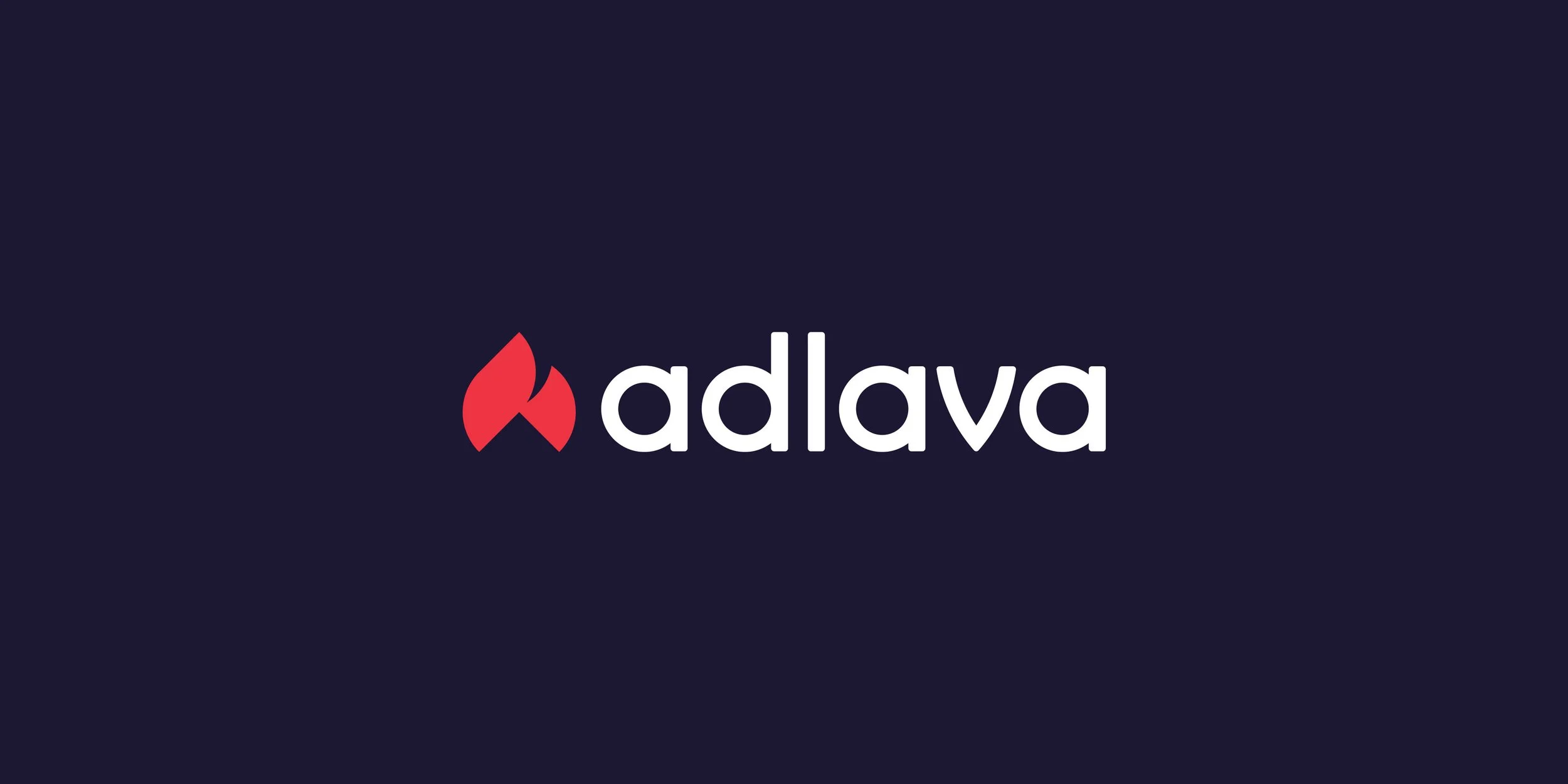 Adlava logo design featuring a red flame symbol and white lowercase wordmark on a deep purple background.