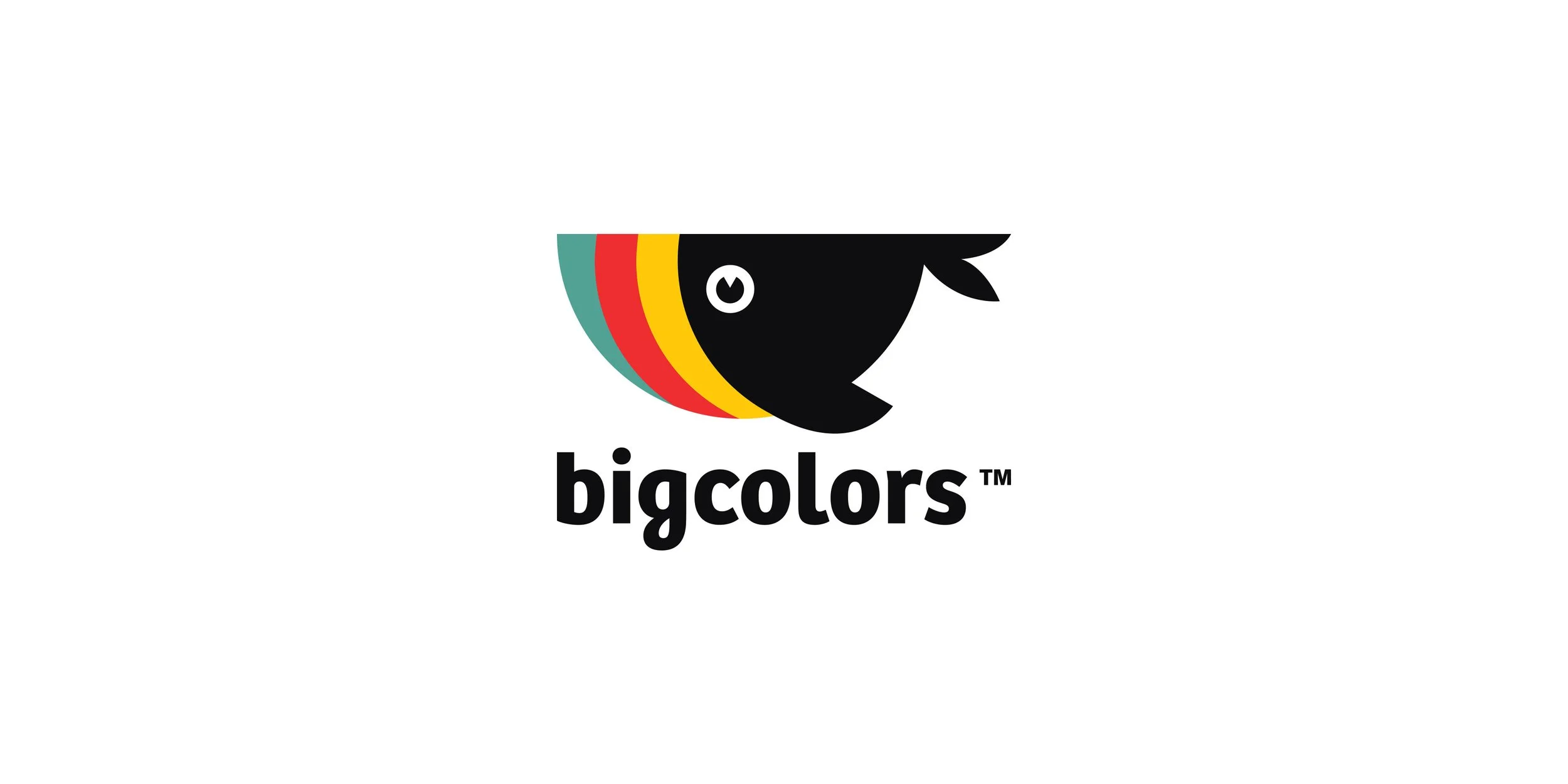 Bigcolors logo design featuring a black whale symbol with teal, red, and yellow layers above a bold lowercase wordmark.