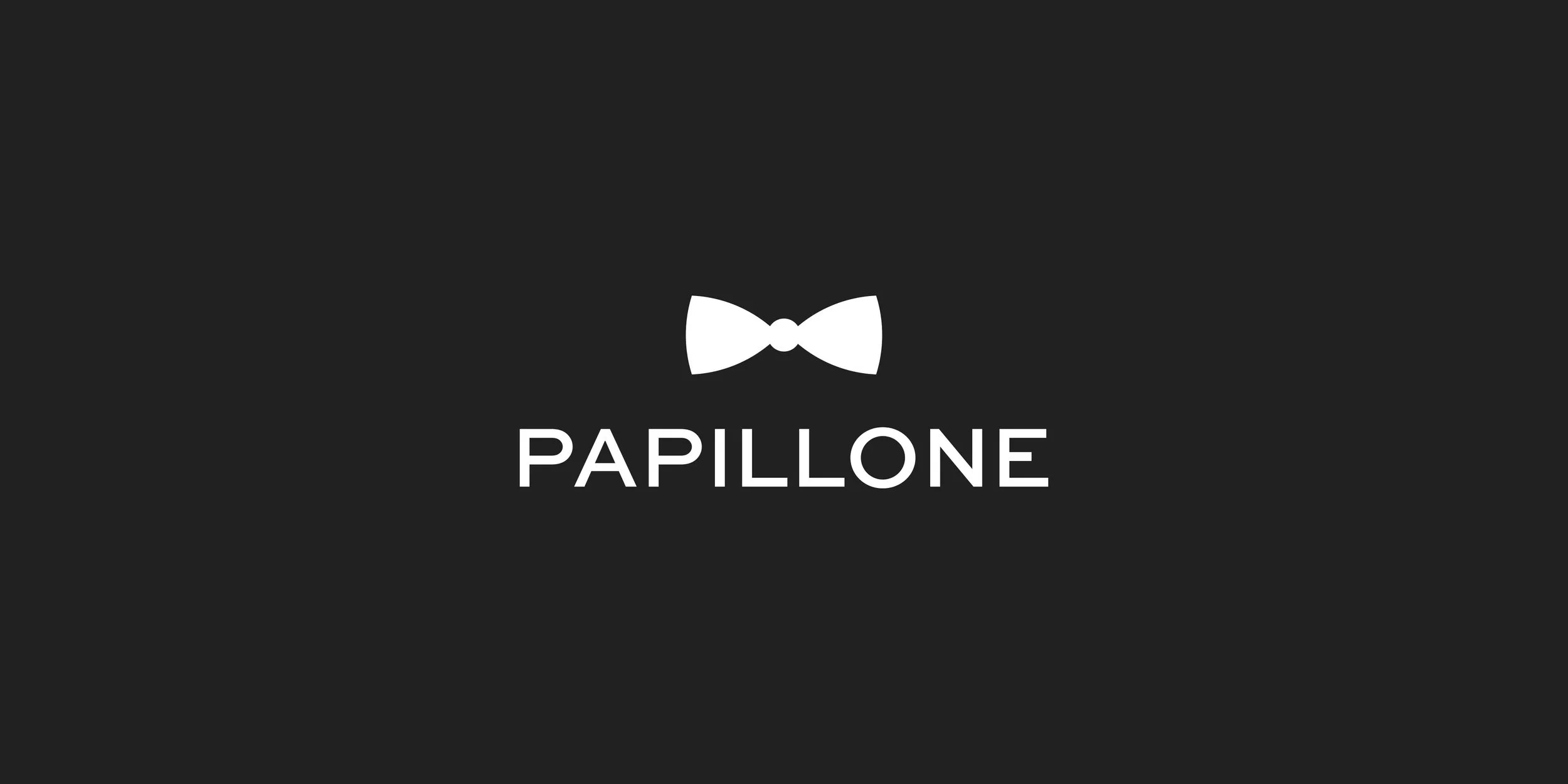 Papillone logo design featuring a minimalist white bow tie symbol and modern typography on a black background.