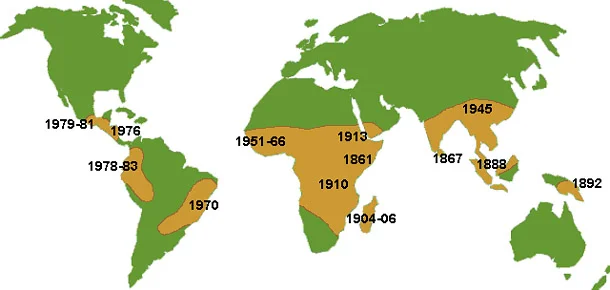  World distribution of coffee rust. (Adapted from Schieber, E. and G.A. Zentmyer. 1984. Coffee rust in the Western Hemisphere. Plant Dis. 68:89-93.