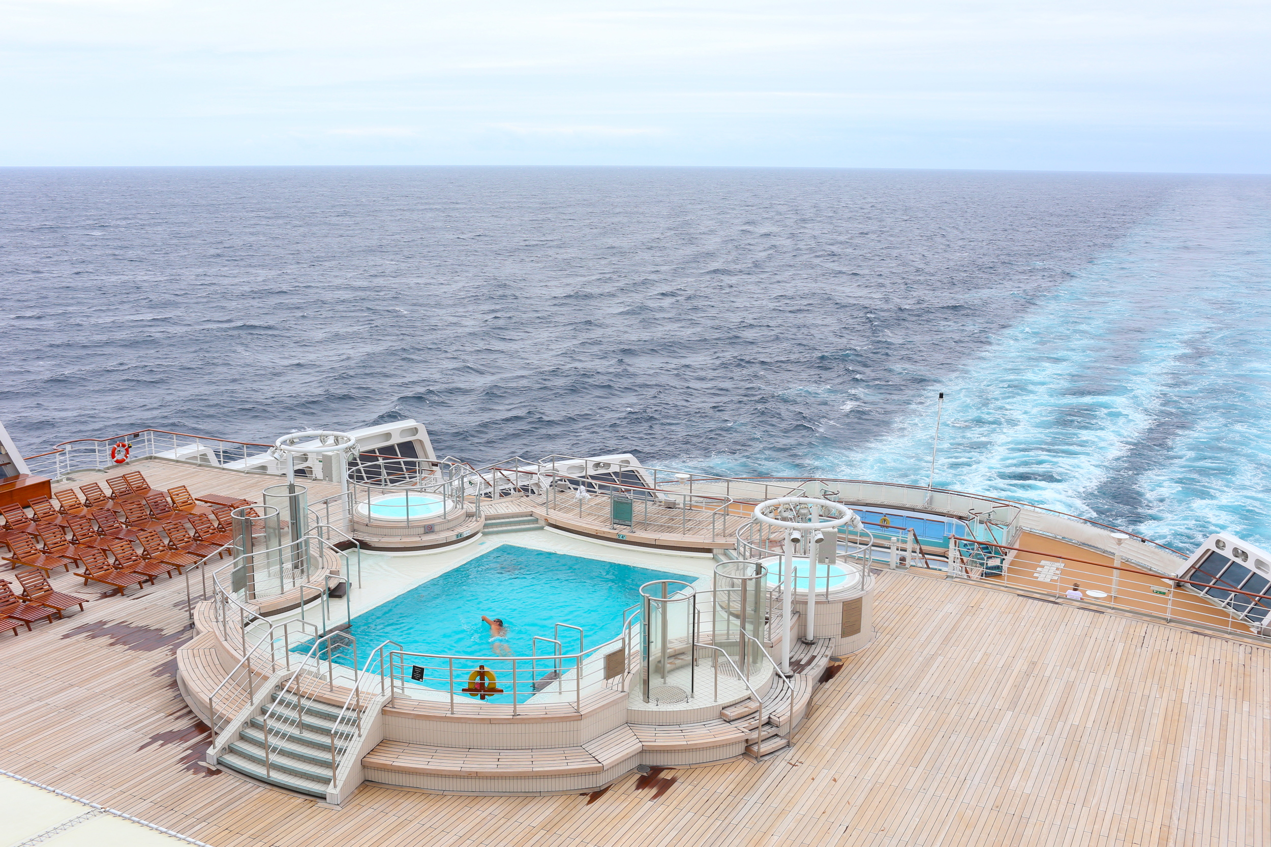There were actually five pools on the ship, one of which was only useable for a day since it was in the windiest part of the ship. The weather remained blustery, sometimes warm, but mostly a bit overcast and cloudy. It made for lovely walks around the deck, sauna sits, and a nice environment to simply watch the sky or read while the ship bounded along, slowly rocking.
