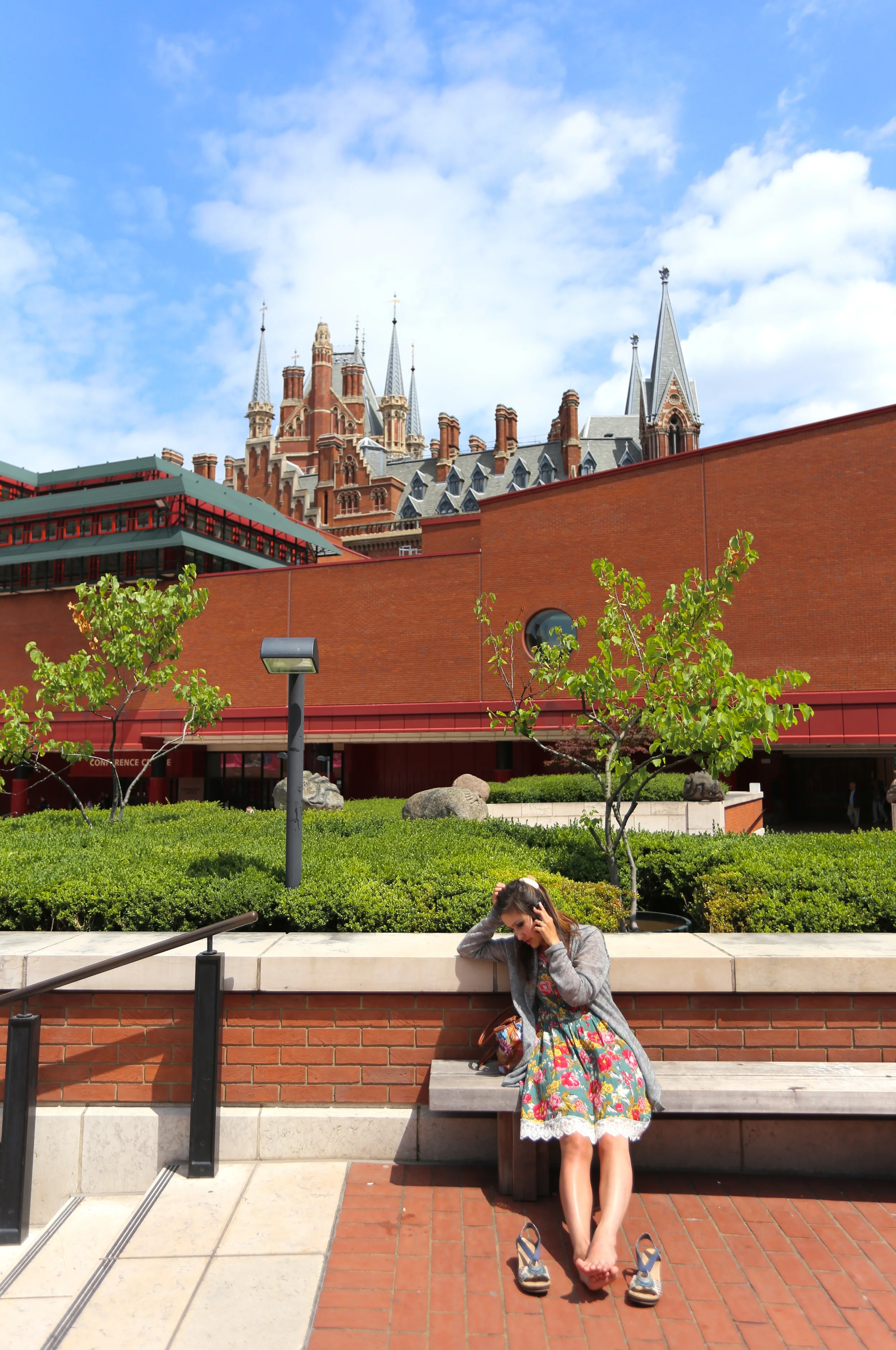 Outside the London Library, with the spires of Saint Pancras. 