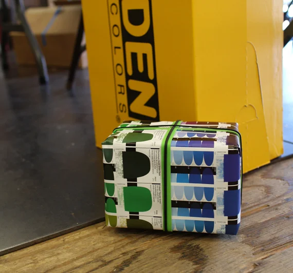 This wrap is a paint chip chart + rubber bands as ribbon. Arch had plenty paint charts so we were able to give some rolls away to peeps who stopped by.