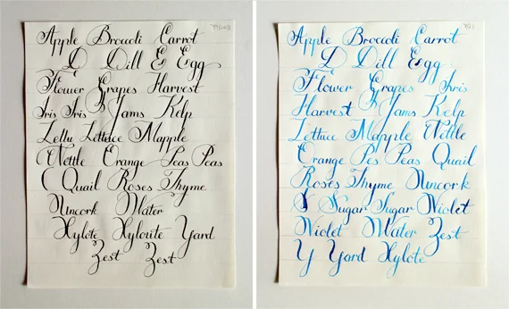 Practice sheets from July. The sheet on the right is my first try at writing with gauche. 