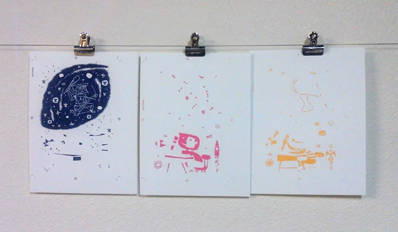 A different plate is used for each color that needs to be printed. This shows the three seperations needed to create one final print.