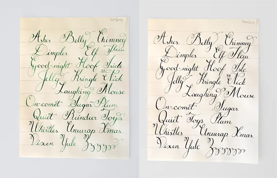 The green on the left I mixed with gouache. Perhaps a bit too watery but I preferred working with it over the green India Ink from the first image. To keep a standard measure I generally practice with black ink, shown on the right. I've recently started using Higgins Eternal. I've actually found it a bit easier to work with than the Pelikan ink I was previously using. I was surprised since the HIggins is half the price.