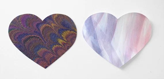 Left heart is purchased marbled paper. Right heart is cut from paper with watercolor strokes.