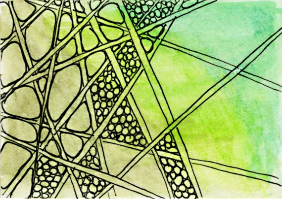 An early experiment combining watercolor pencils with the patterns Hollibaugh, Tipple, and N'Zeppel on an ATC sized tile.
