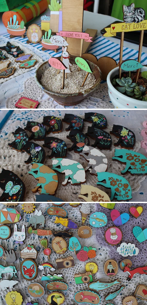 Adorable hand painted wood lapel pins and novelty items.