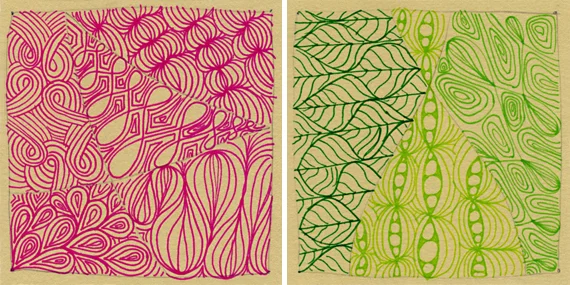 Left Tile: Sand Swirl, Echoism, Worms, Pais, and Onion Drops. Right Tile: Leaflet, Inapod, and Echoism (It looks rather different here because I added Onion Drops inside the hollow parts and rounded the pattern more).