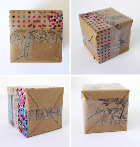 Wrapping with image transfers can allow for some extra personalization with gift giving. The gift above was for a doctor friend so I incorporated some medical type imagery along with one of her favorite colors purple.