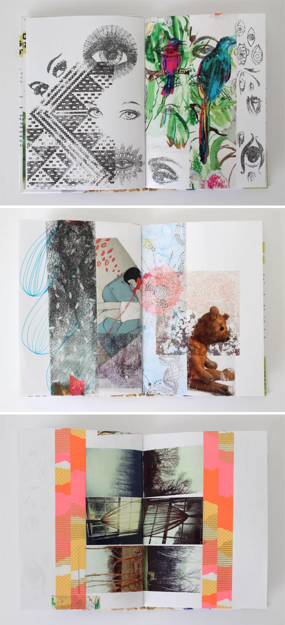 These transfer journal pages show a couple other techniques. In the mix along with the packing tape method are some solvent transfers, some zentangle drawing (of course), and washi tape.