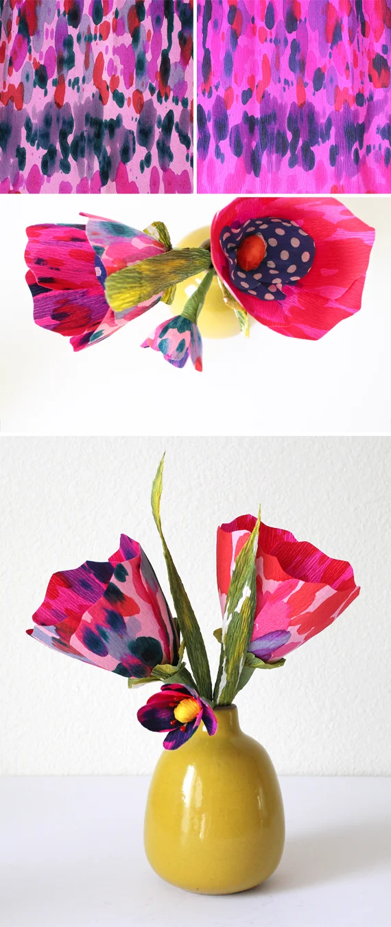 These were my first experiment and reminded me most of tie dye. I just dripped a limited color palette onto a two toned double thick piece of crepe paper. The split frame at the top of this image shows two sides of the same paper.