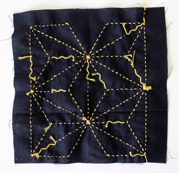 The back of the Sashiko pattern fabric with my stitching. I opted to just stitch some of the lines.