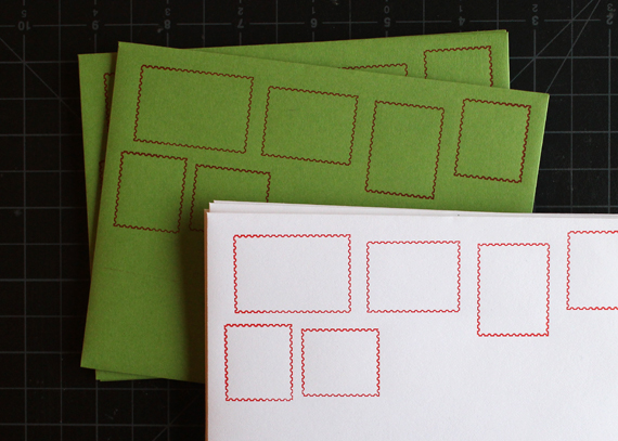 Stamp motif notecards in christmas colors.
