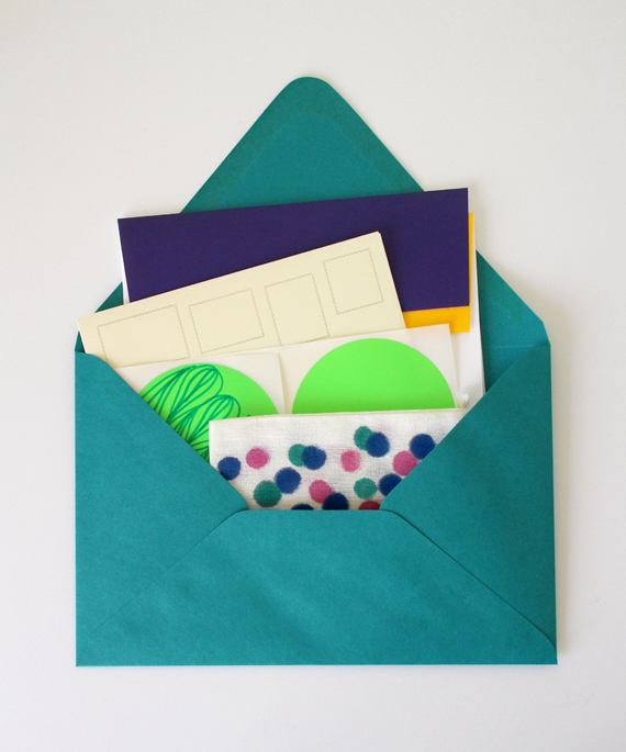Contents of a past mailing. Includes items to help you send your own mail or wrap a gift.