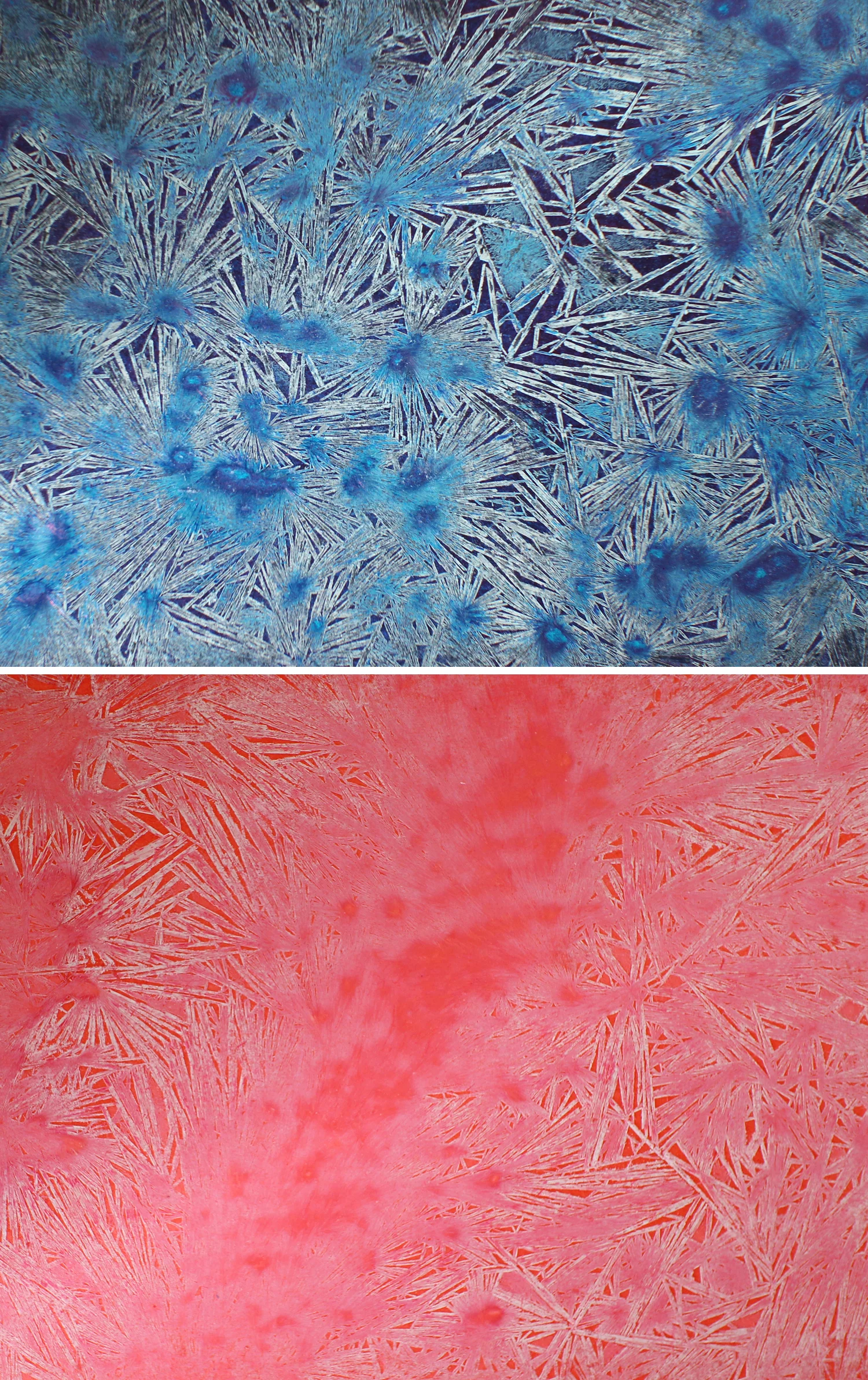Some of the colors have a fractal pattern similar to frozen ice on a lake.
