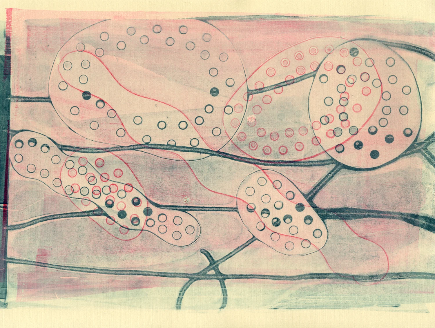 The second printing of paper cut outs and string after they've been removed from the gelatin plate.