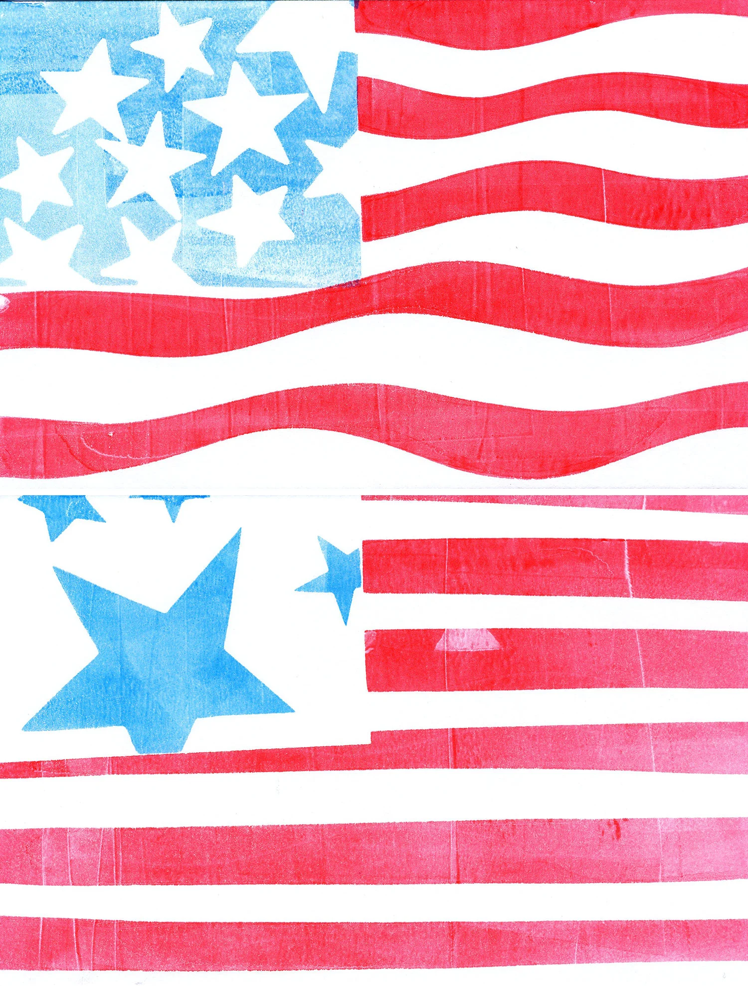 I cut out stars and striped paper masks to create the flag prints.