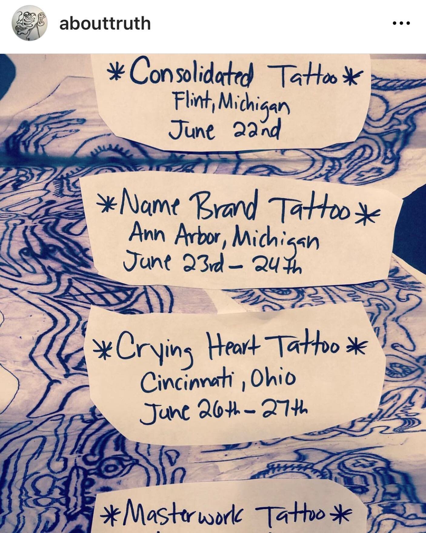 Cole Dunn will be visiting @namebrandtattoo this Friday and Saturday and these other great shops on his journey. ❤️