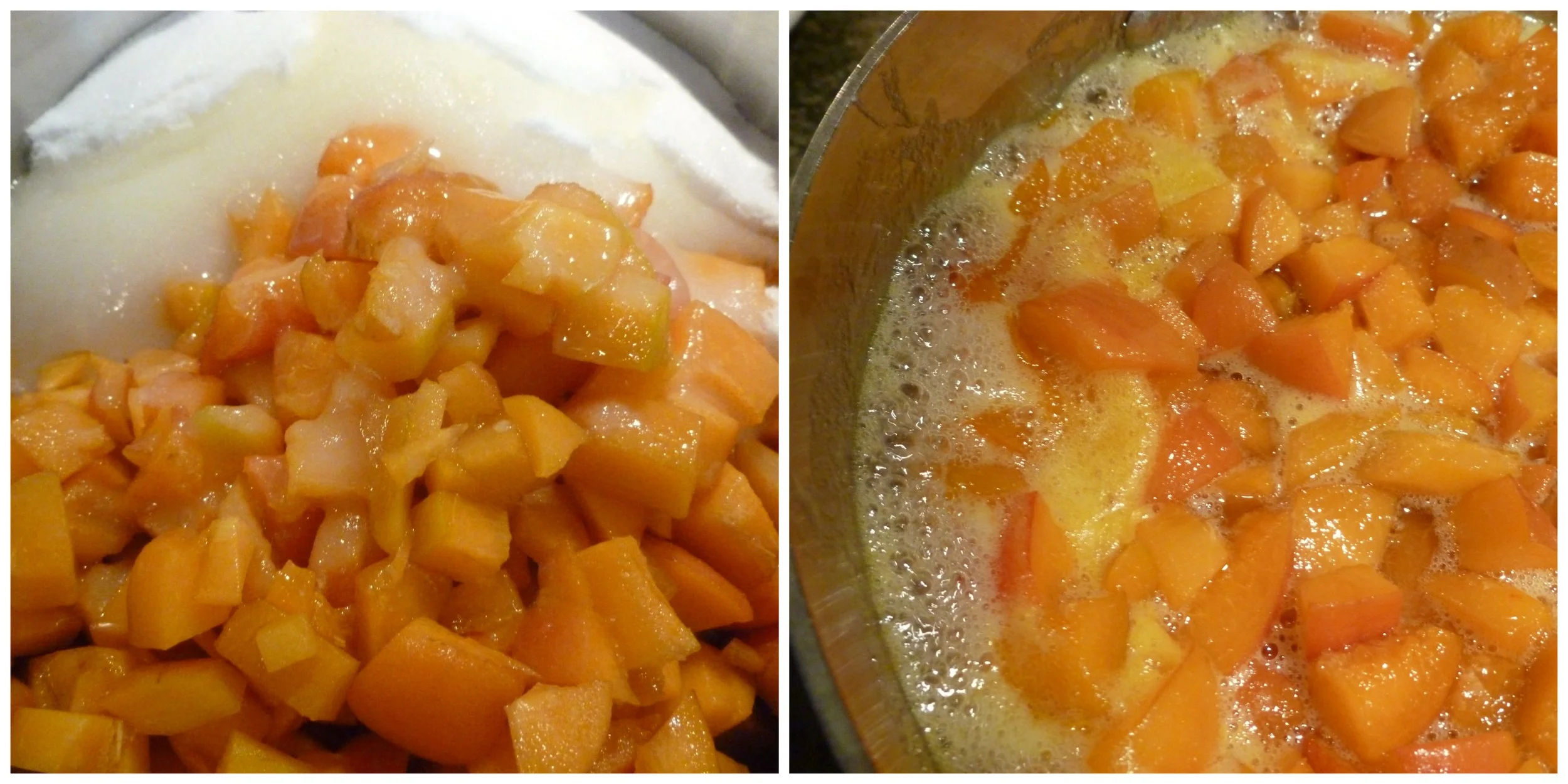 Chopped up apricots and sugar, cooking down to a jam.