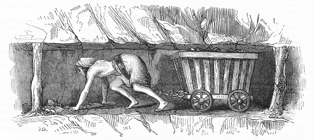 Young girl pulling a coal cart.