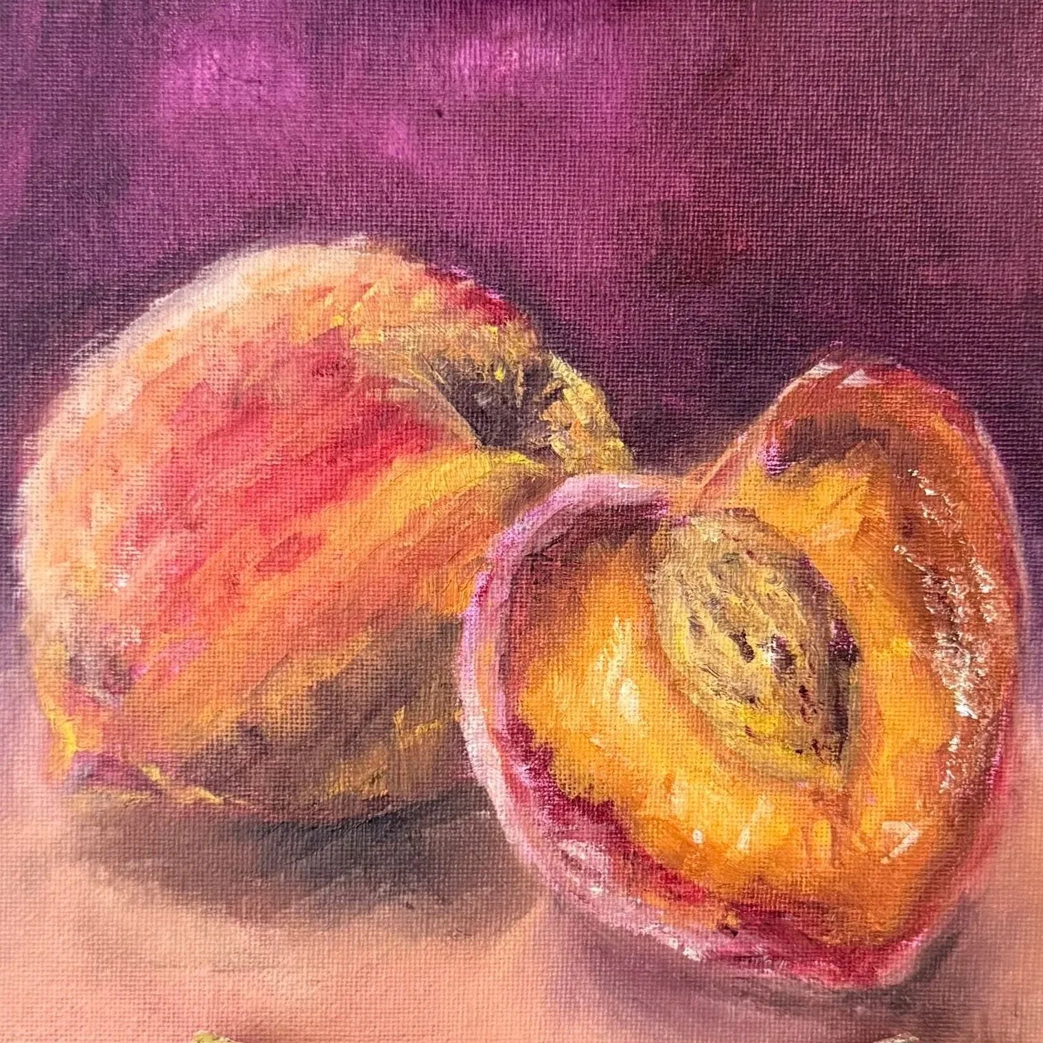 Close-up of a vintage oil painting of sliced persimmons on a textured, pink background.