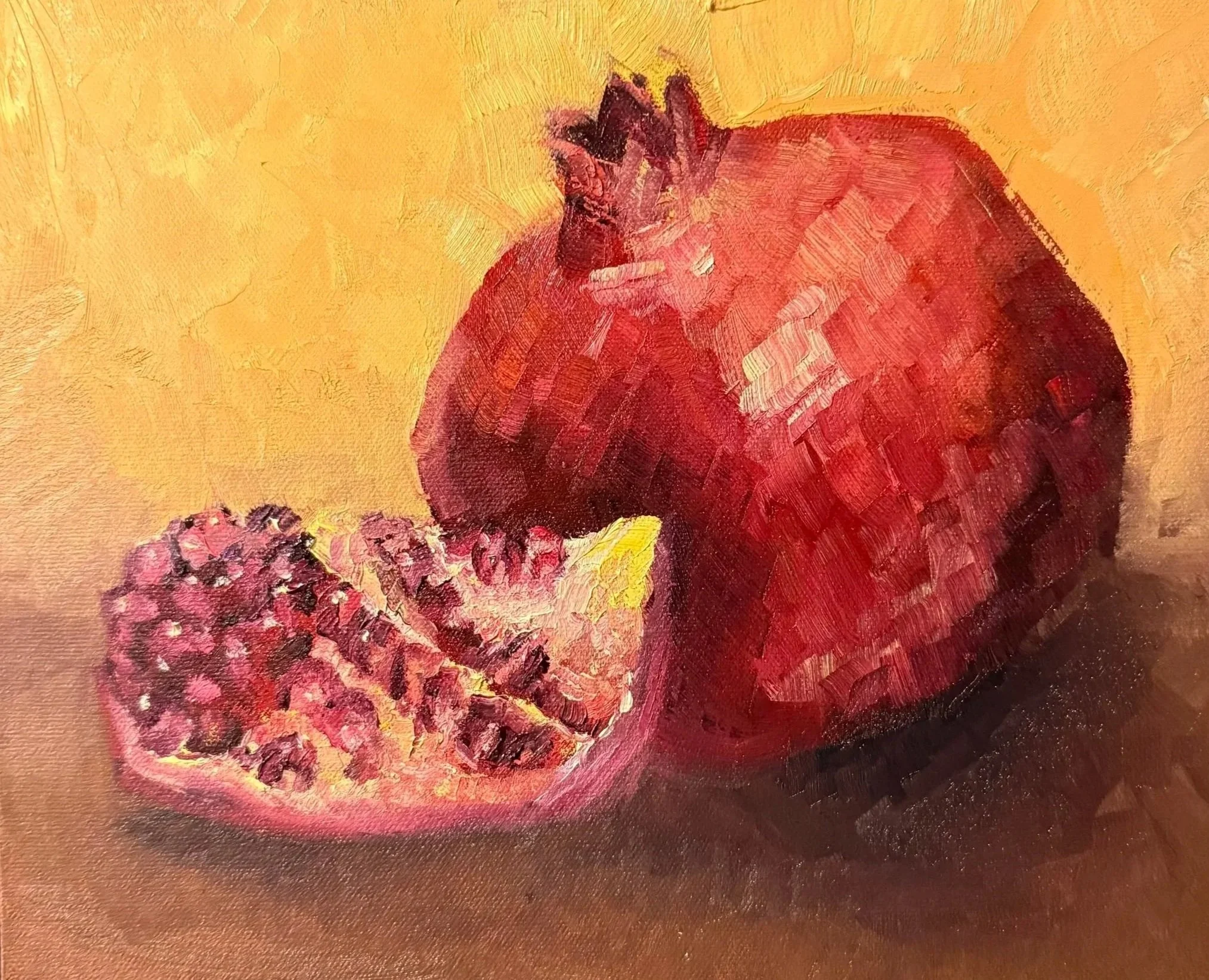 A hand-painted, impressionistic portrait of a person with a round face, short dark hair, wearing a red garment, set against a yellow background, with a cluster of pink and purple flowers at the bottom left.