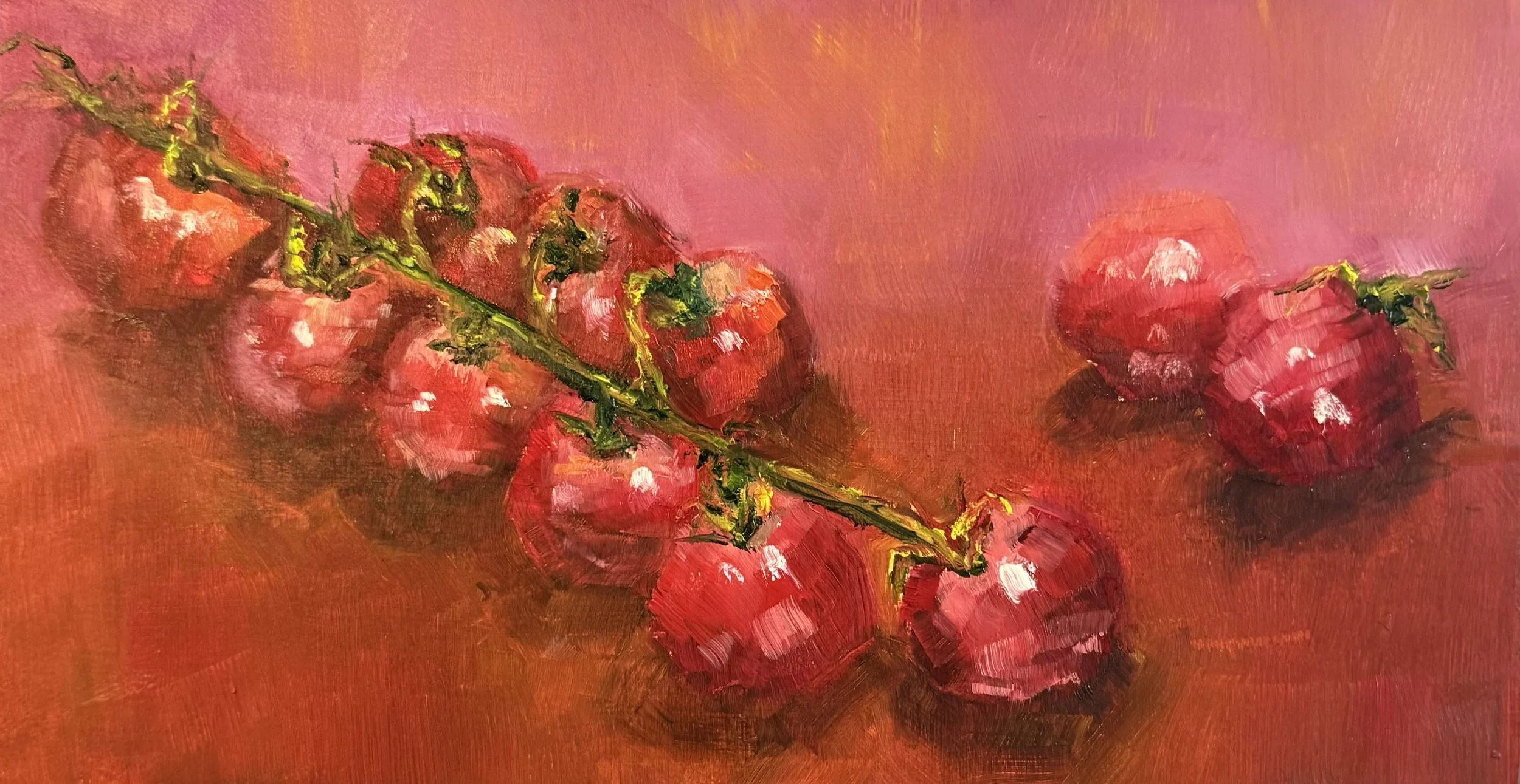 Oil painting of a row of red radishes with green stems on an orange background.