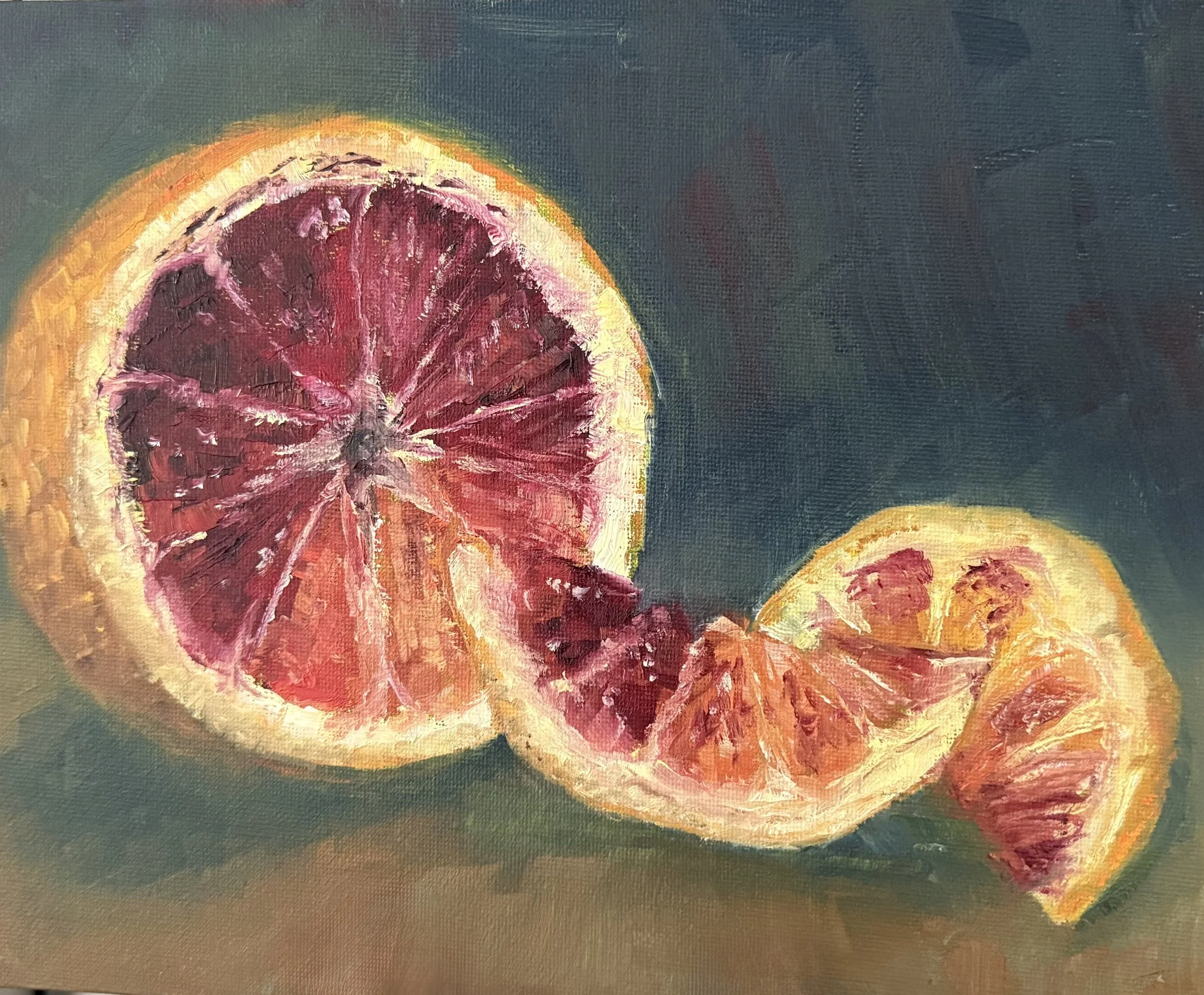 A close-up of a painting featuring several slices of citrus fruit, such as lemons and oranges, painted with bold, textured brushstrokes on a dark green background.