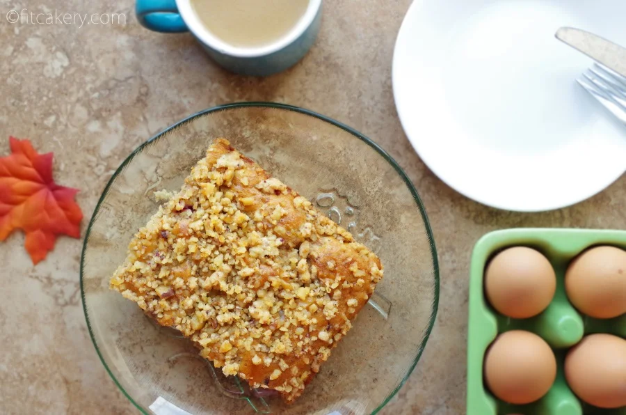 Breakfast or dessert - either way, this Cranberry-Apple Coffee Cake w/ Walnut Streusel is amazing! #healthybaking