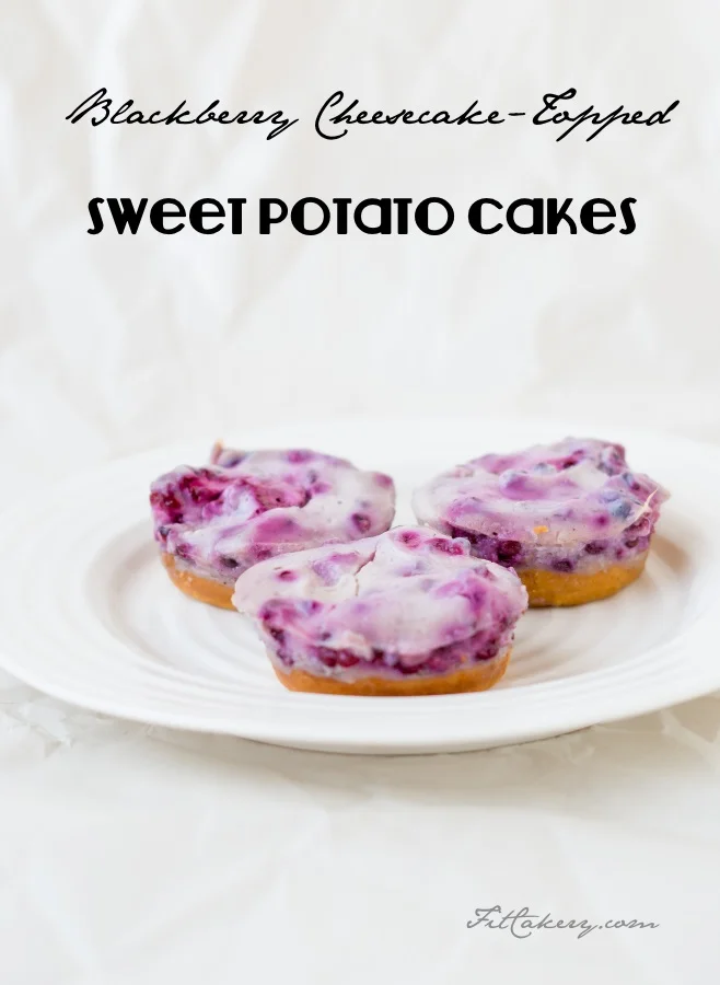Blackberry Cheesecake-Topped Sweet Potato Cakes recipe - gluten-free + vegan - FitCakery.com