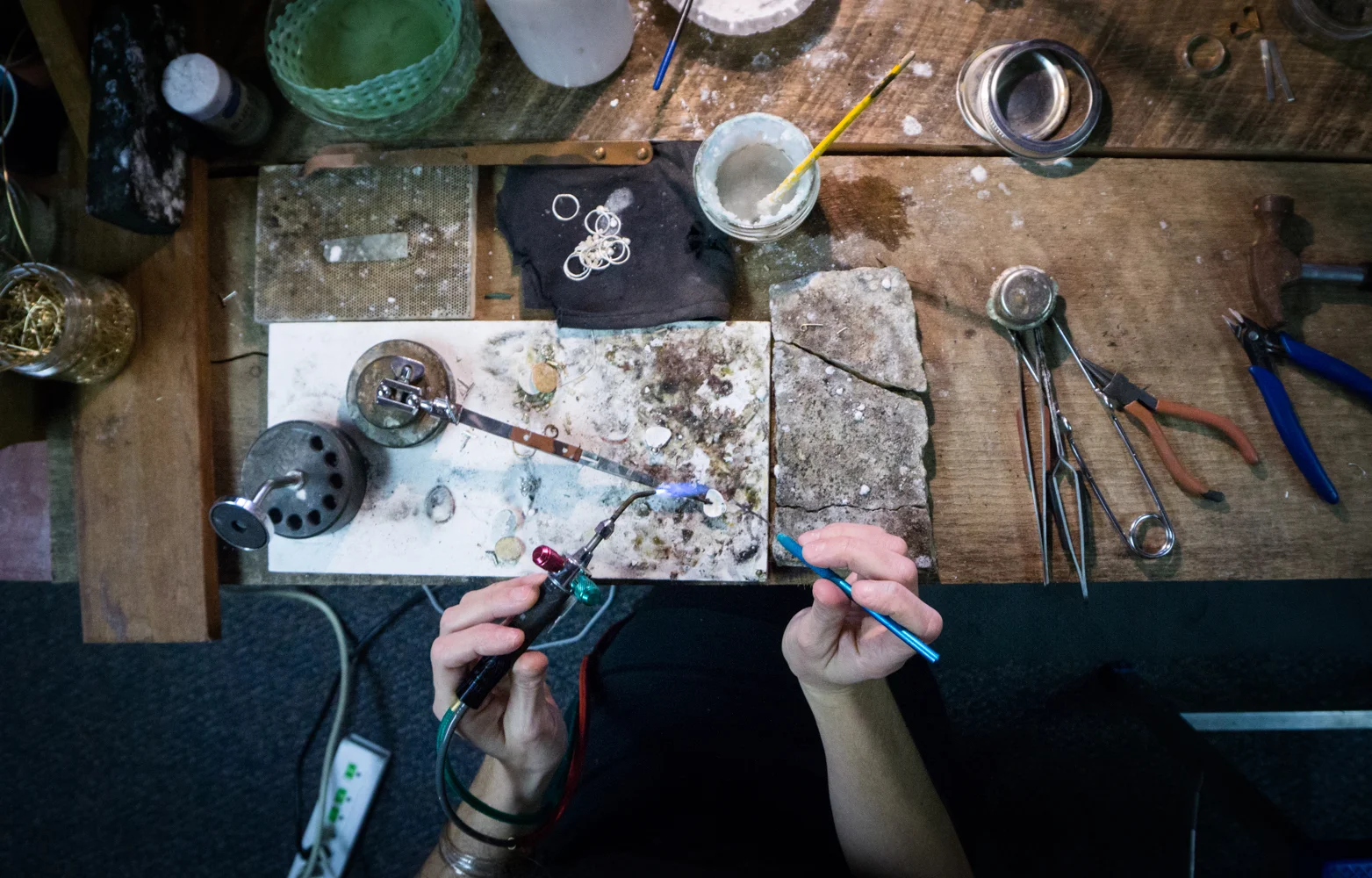 Tools and materials in the studio...the anvil is a family heirloom.