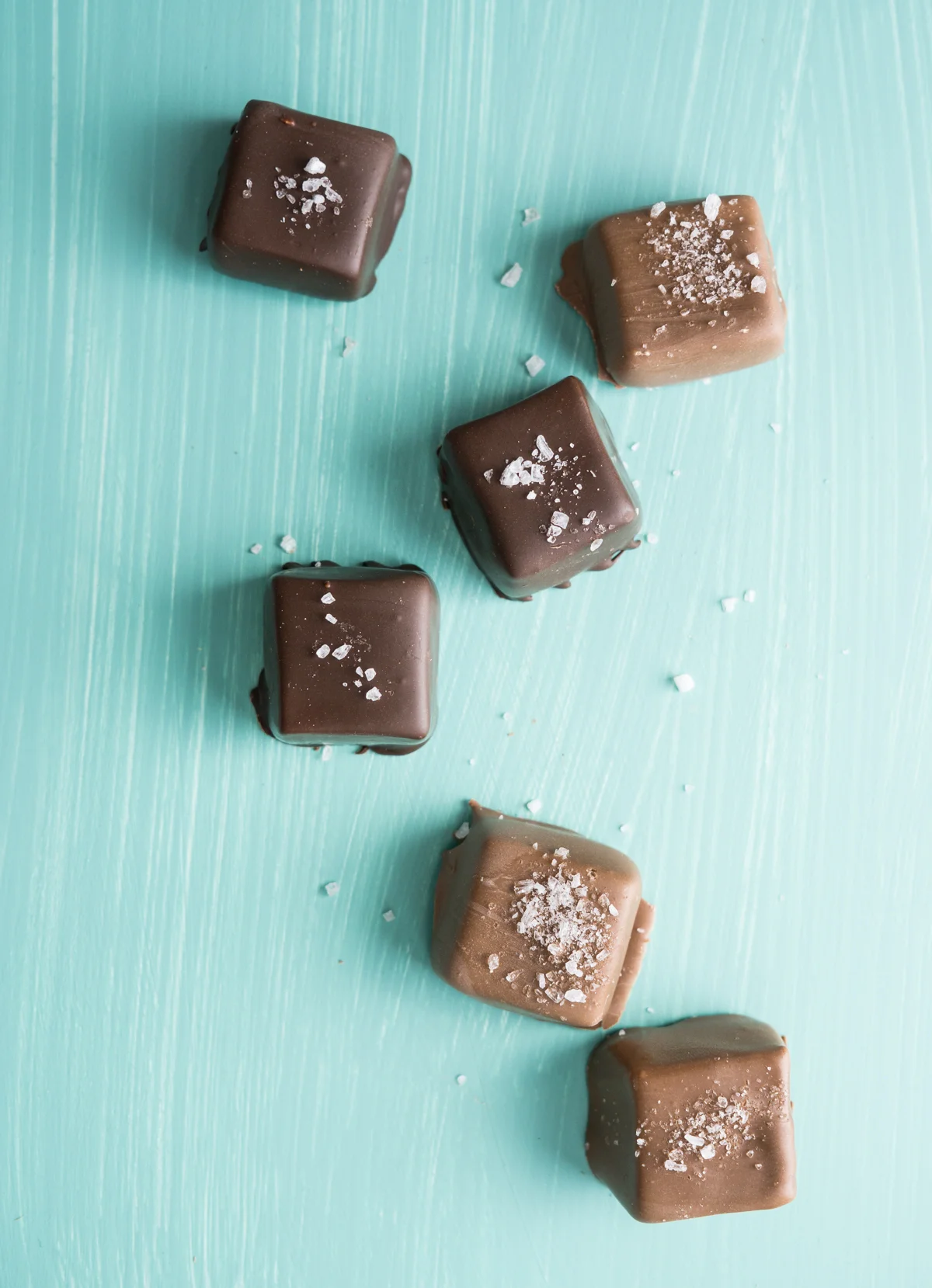 Vanilla caramels are enrobed in milk or dark chocolate and sprinkled with just enough sea salt.