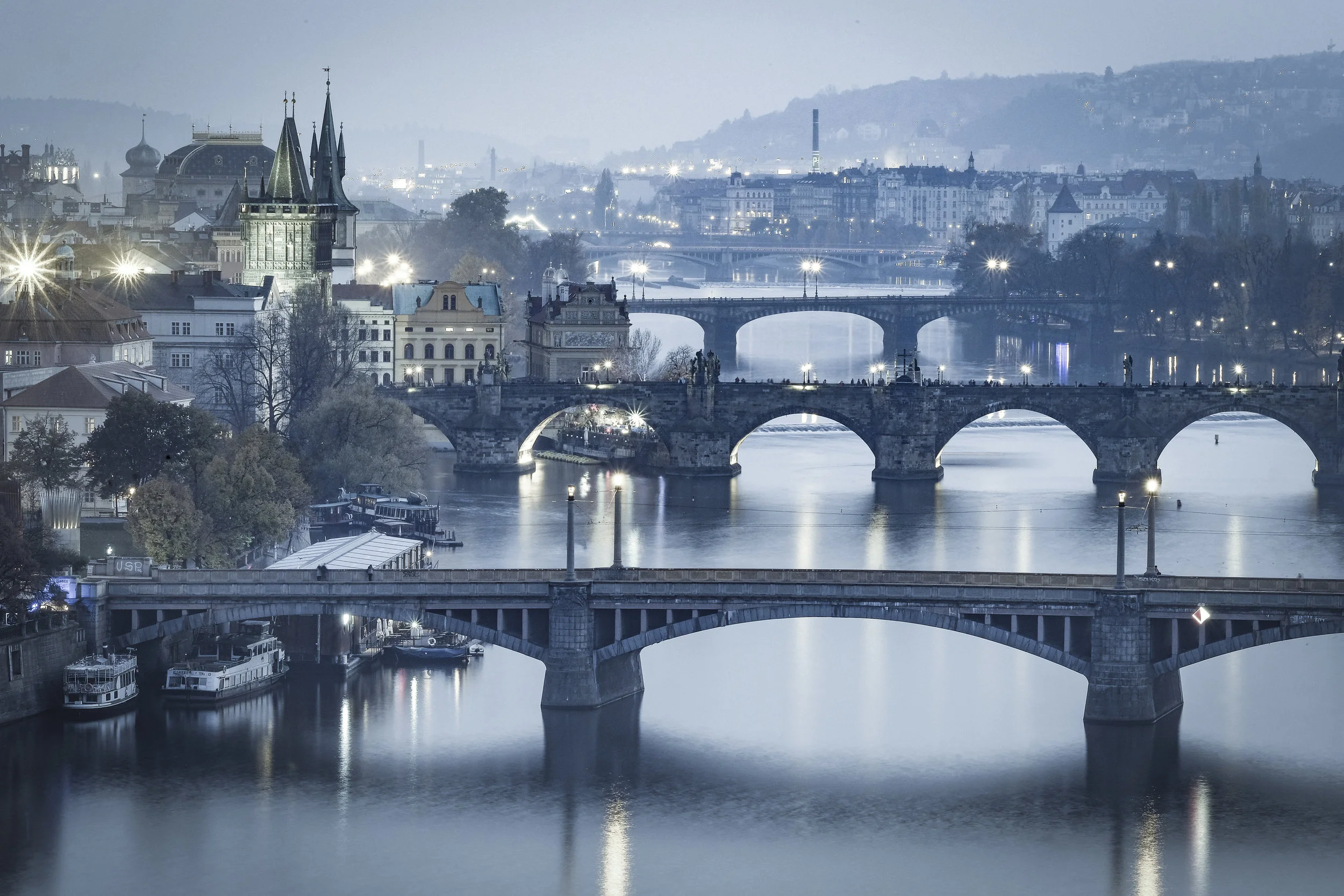 Bridges over the Vltava RIver, Prague at blue hour