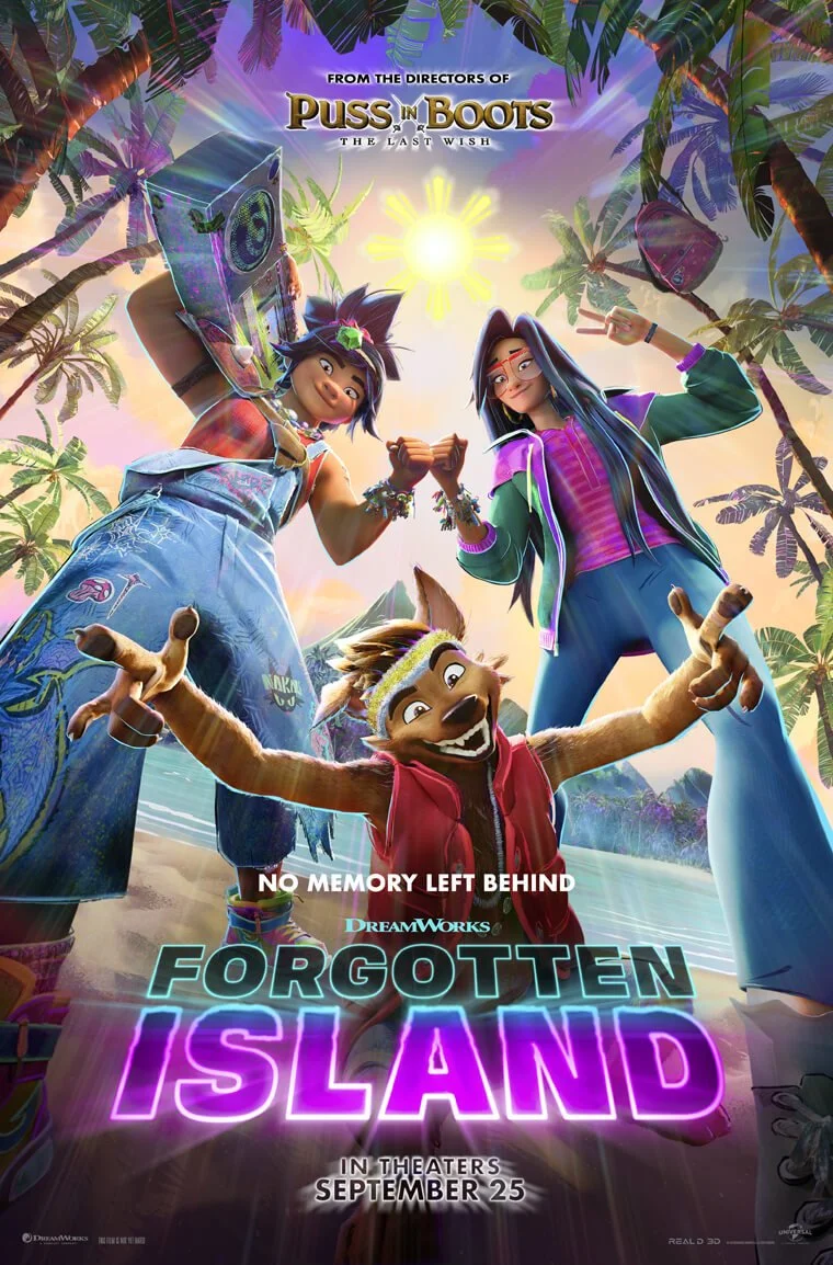 movie poster for Forgotten Island (2026) featuring characters Jo, Raissa, and Raww