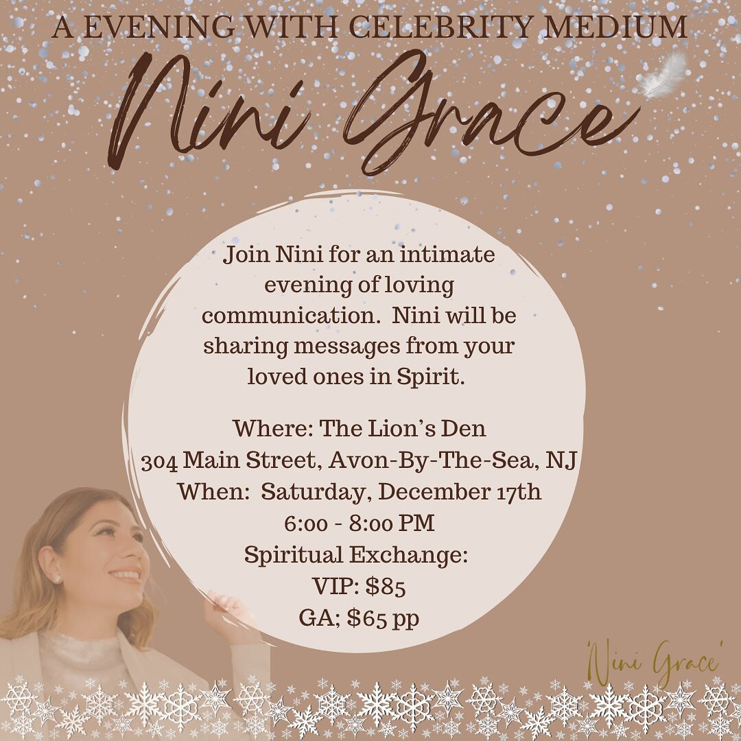 Hey Guys! Excited to share that I&rsquo;ll be @thelionsden_avon on Saturday, December 17th 6-8pm for a bit of holiday healing with loving communication with your loved ones in Spirit.  To purchase your tickets tap on the link in my bio. 
#ninigrace #