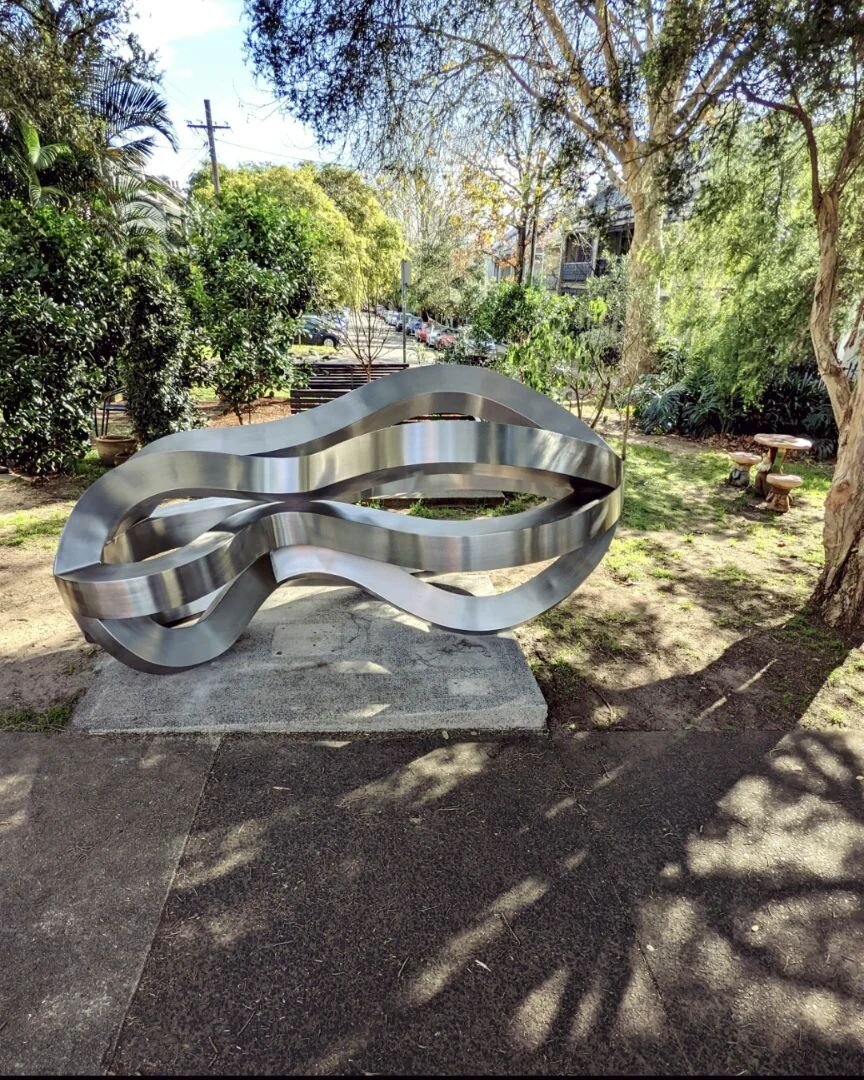 Refuge in fleeting sun this morning. A memento for Paddo, now we've moved to Glebe. Thanks again to Sue deBeranger,&nbsp; @woollahracouncil @marialaceydesign and many lovely neighbours #sculpture #steel #korbanflaubert #publicart #paddo #memento